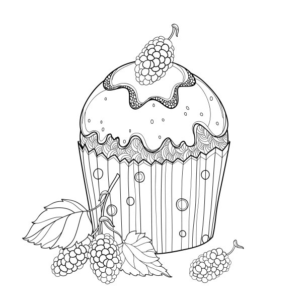 矢量轮廓杯蛋糕与桑葚或桑葚成熟的浆果在黑色孤立在白色的背景。