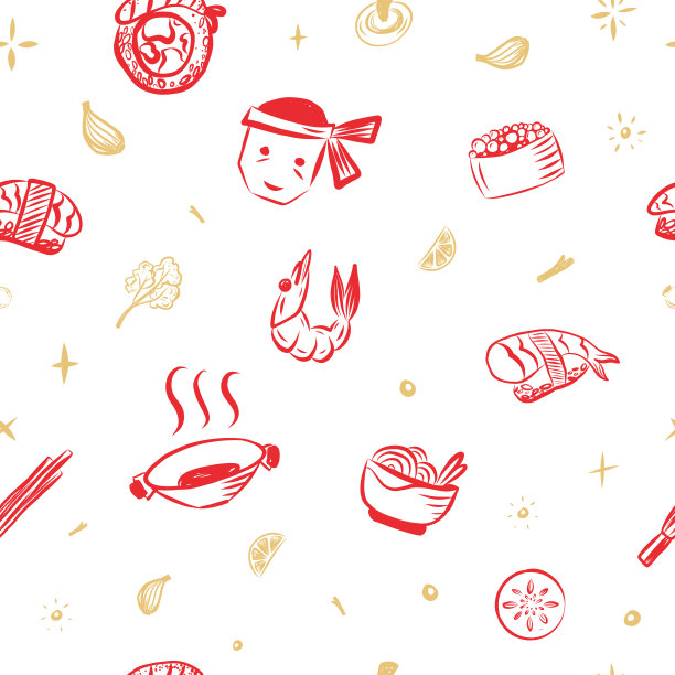日式寿司搭配虾卷。红色涂鸦素描背景