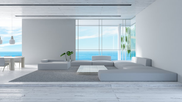 现代室内客厅木地板沙发集海景夏季3d渲染。简约客厅设计