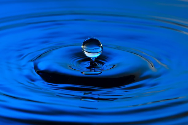 水滴近距离与同心涟漪在五颜六色的蓝色表面