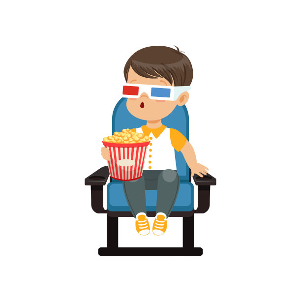 可爱惊讶的小男孩戴着3d眼镜，坐在蓝色的椅子上，吃着爆米花，在电影院看3d电影矢量插图
