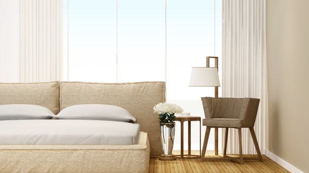 酒店卧室和起居区域或家庭-卧室艺术品房出租的公寓或其他房间- 3D渲染
