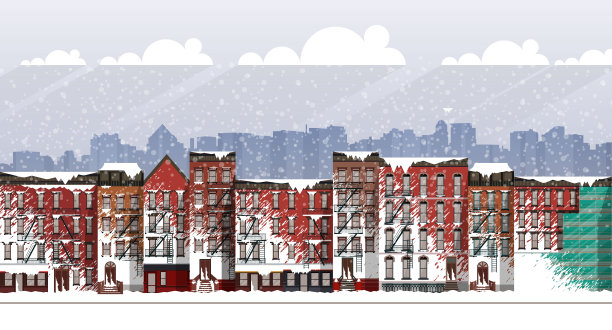 矢量艺术冻结的城市场景。在一场暴风雪中，布鲁克林的街道被雪覆盖