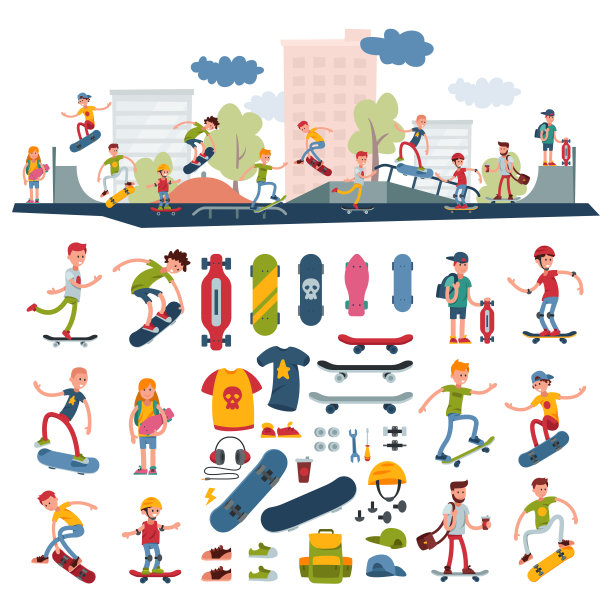 滑板者在滑板矢量字符滑板风格的滑板者跳跃与滑板在滑板公园设置溜冰