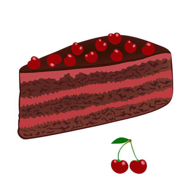 巧克力蛋糕配熟樱桃。切下来的那份带浆果奶油的巧克力蛋糕。白色背景上孤立的一块巧克力蛋糕。向量。