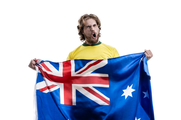 澳大利亚男运动员/粉丝在白色背景下庆祝