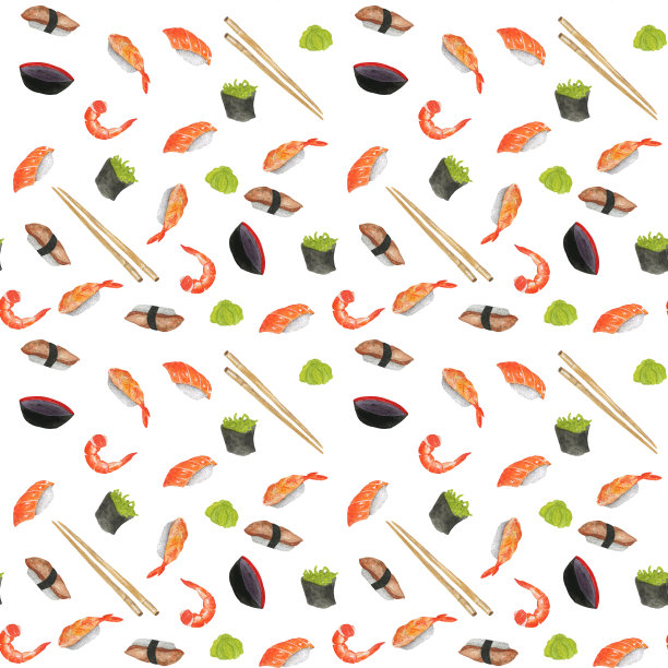 无缝模式与寿司，卷，maki，芥末，酱油和寿司棒孤立在白色的背景