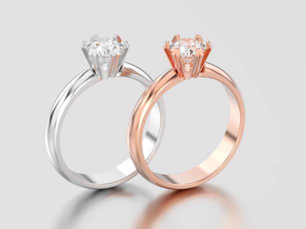 3D插图两玫瑰和白色黄金或白银传统的单人订婚钻石戒指