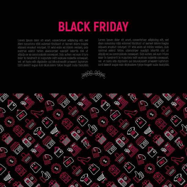 黑色星期五销售概念与细线图标:商店，购物车，钱包，信用卡，支付，大拇指，徽章，特别优惠。现代矢量插图，网页模板。