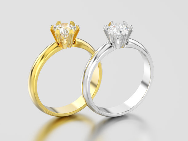3D插图两黄和白色黄金或白银传统的单人订婚钻石戒指