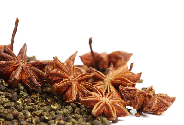 佛罗伦萨茴香球茎八角和花椒分离在白色背景八角和花椒分离在白色背景