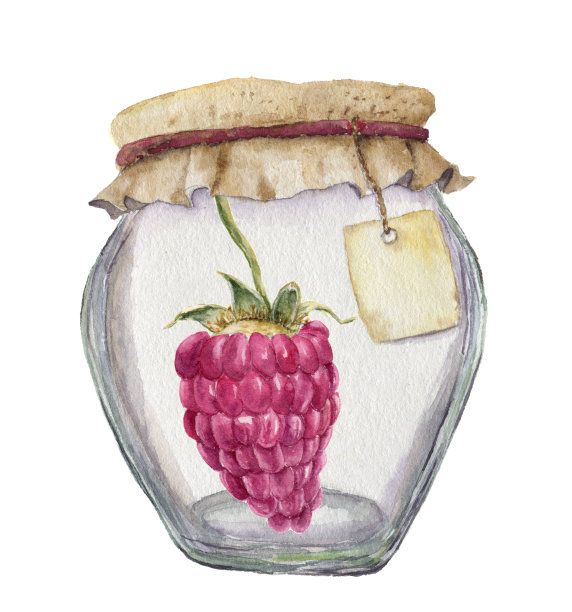 水彩玻璃罐果酱与标签的铭文和覆盆子。插图孤立在白色背景上。为设计，纺织和背景。