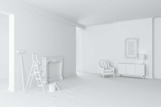 3d空白白色室内房间，装修进度