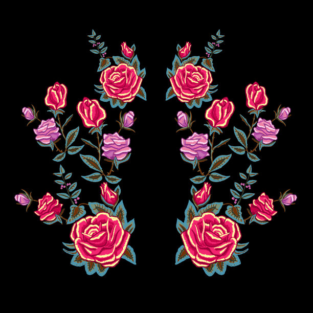 刺绣传统领口图案与红玫瑰。