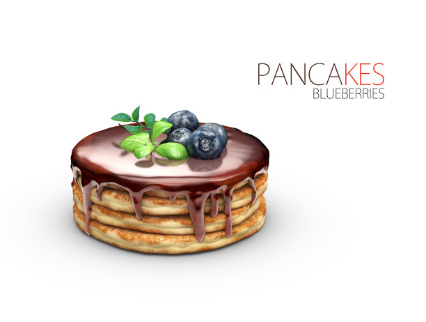 蓝莓糖浆和黄油煎饼的3d插图