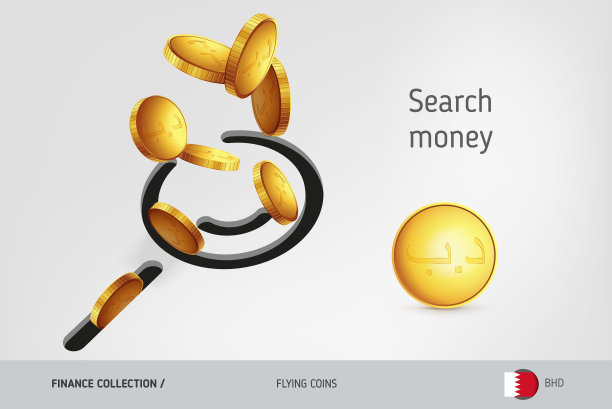 搜索图标与飞行巴林第纳尔硬币，金融概念。矢量插图印刷，网站，网页设计，移动应用程序，信息图表。