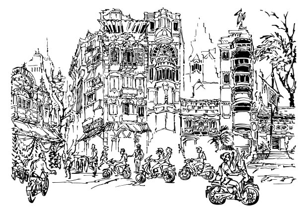 河内的老城区，街道上有骑摩托车的人