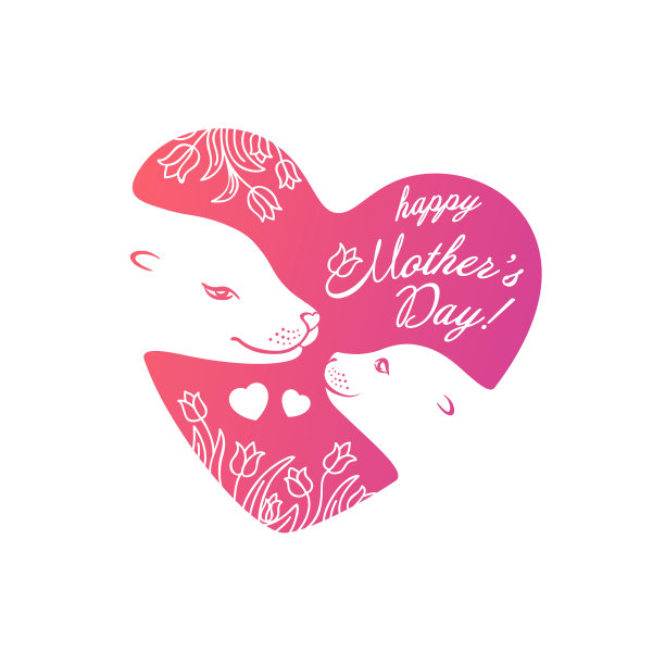 彩色剪影的海海豹动物,妈妈和幼崽,心形装饰框架的郁金香和题词-母亲