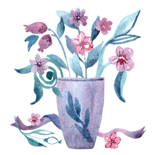 可爱的水彩手绘花瓶与春天的花朵