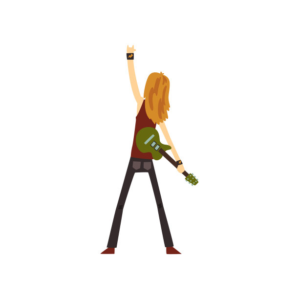 留着长发的摇滚歌手站着，带着绿色的电吉他，展示着摇滚标志，背影。音乐家在舞台上。穿着裤子和衬衫的卡通男人。平面向量的设计