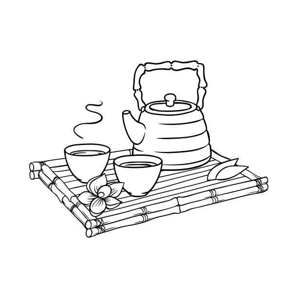 竹三脚架上的亚洲茶壶和茶杯