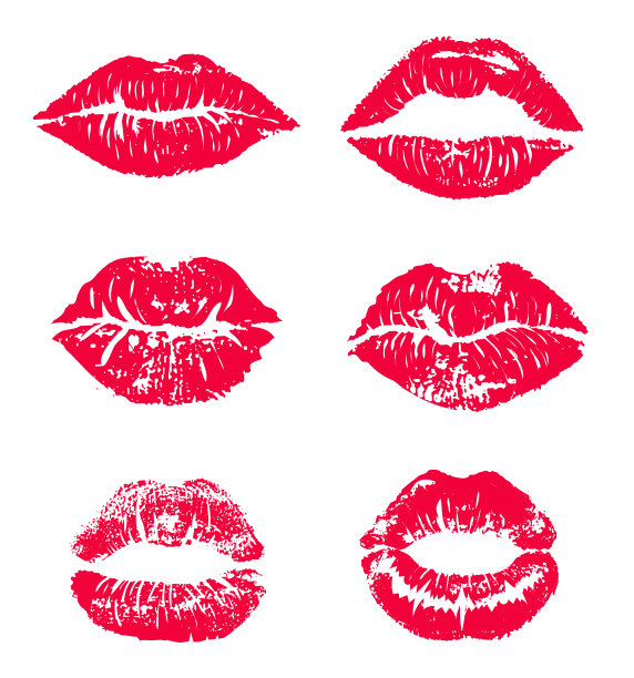 口红吻印孤立向量集。红色矢量唇集。不同形状的女性性感红唇。性感唇妆，吻嘴。女性的嘴唇。打印的嘴唇亲吻矢量背景