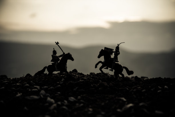 两名骑士在马背上比武.日落的背景.有选择性的重点