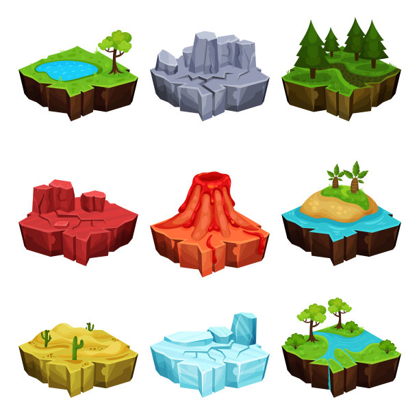 梦幻岛的游戏设计设置，沙漠，火山，森林，冰，峡谷位置矢量插图上的白色背景