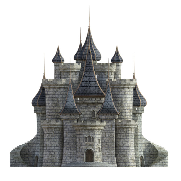 旧灰色城堡正面视图.孤立的白色,3d渲染