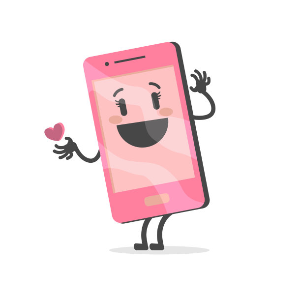 新款女性手机，屏幕明亮干净。一名女子手持一款带有睫毛和心形图案的手机。快乐和微笑的卡通人物在粉红色的颜色。平面设计，矢量插图
