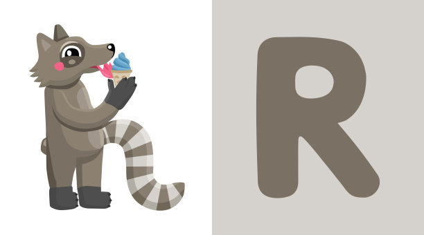 R代表浣熊。字母r .浣熊。,可爱的插图。动物的字母表。