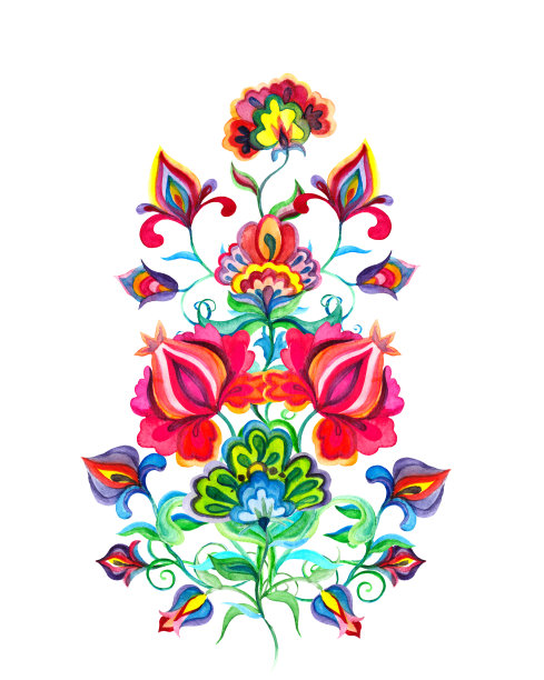 斯拉夫民间艺术花朵。水彩仙女主题-东欧手工制作的花卉装饰