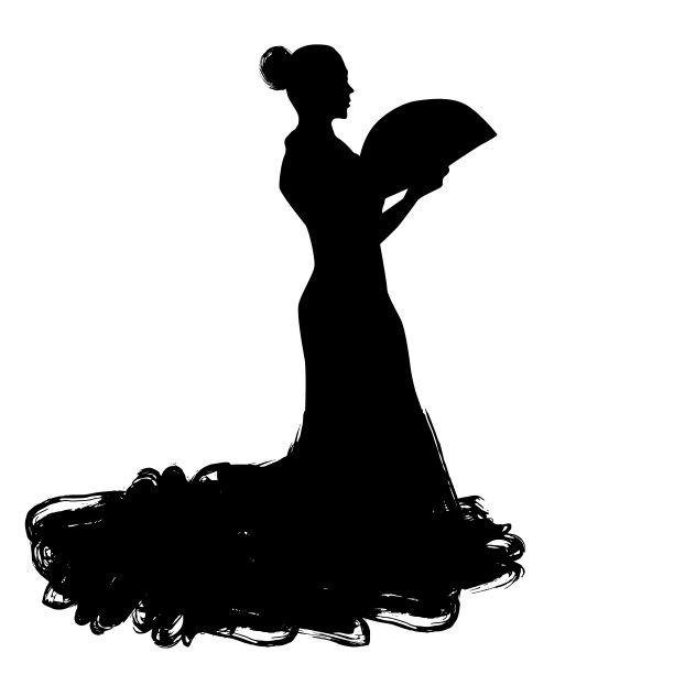 身着扇子长裙的女子摆着跳舞的姿势。弗拉明戈舞者西班牙安达卢西亚地区，埃斯特雷马杜拉穆尔西亚。黑色剪影孤立在白色背景刷轮廓草图。向量