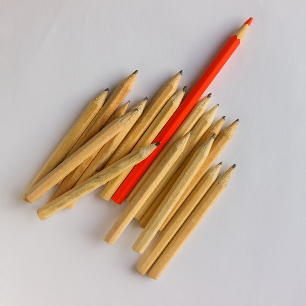 红铅笔从一堆一模一样的铅笔中脱颖而出。领导力、独特性、独立性、主动性、战略、异议、异思、商业成功理念。