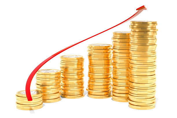 螺旋楼梯从欧元硬币增长红色箭头,3d渲染孤立在白色背景