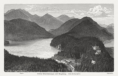 霍恩施万高城堡及其周边，德国巴伐利亚，木刻，1897年出版