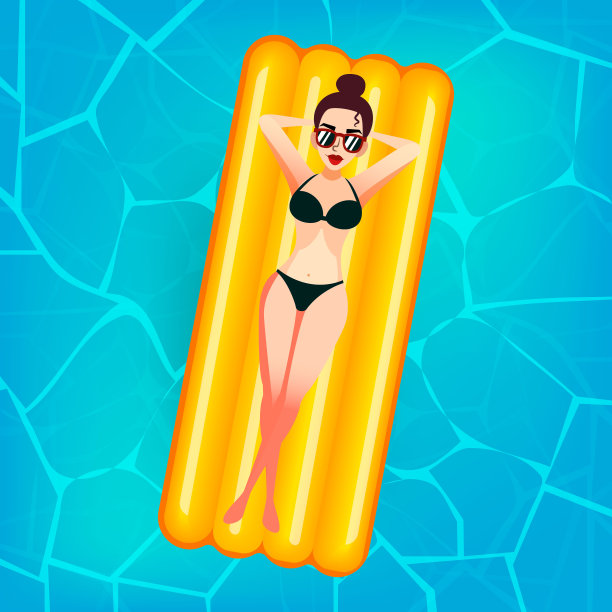 戴着墨镜的卡通甜美女孩漂浮在私人别墅游泳池的充气床垫上。年轻女子享受日光浴。平面矢量女士在粉红色充气床垫上穿着比基尼。假期或暑假概念
