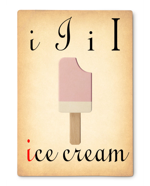 字母I - Ice cream。老式的字母卡片。