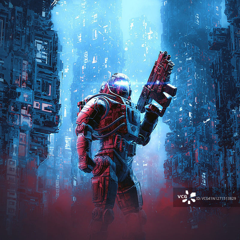 赛博朋克士兵在城市巡逻图片-正版图片素材下载(模板id:dzm0bajmtlxxx