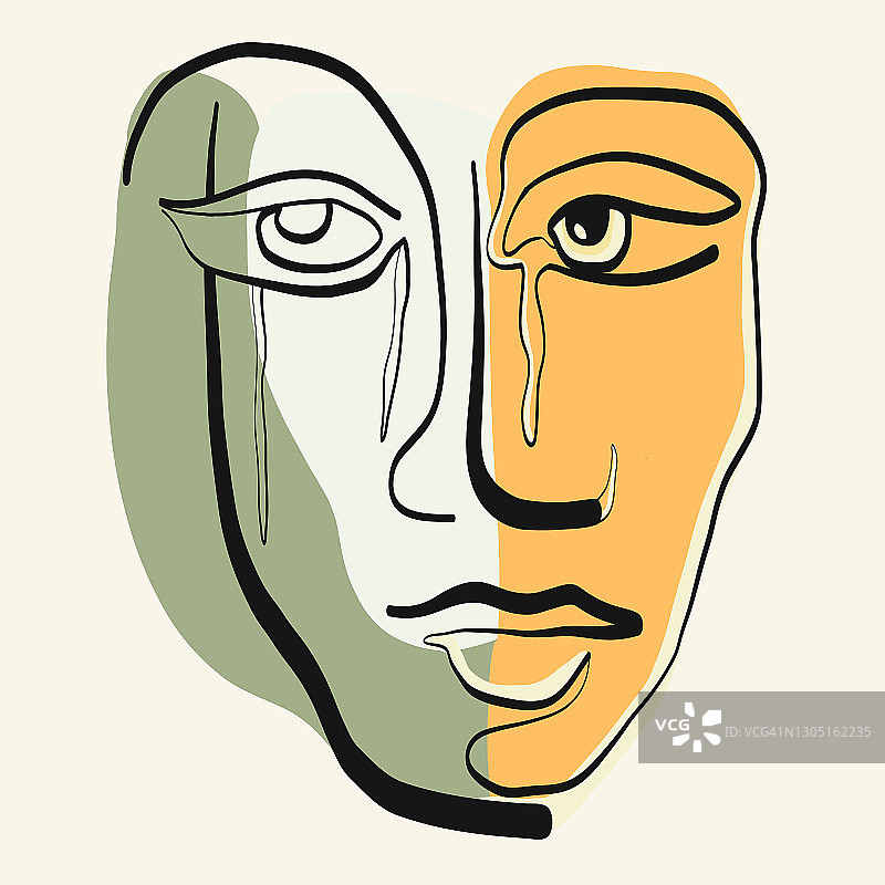 超现实的立体主义的脸.抽象现代面部肖像.手绘矢量插图.