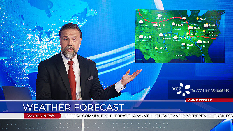 天气预报员,气象学家,在电视频道新闻室与视频屏幕显示美国天气天气图
