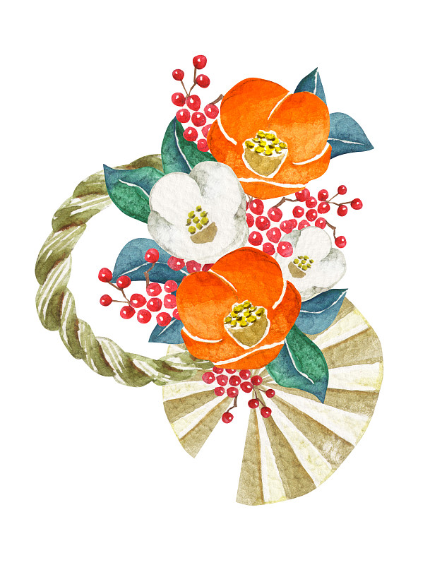新年前夕,茶花,装饰品,华丽的,水彩画颜料,背景分离,注连绳,植物,绘画插图,日本