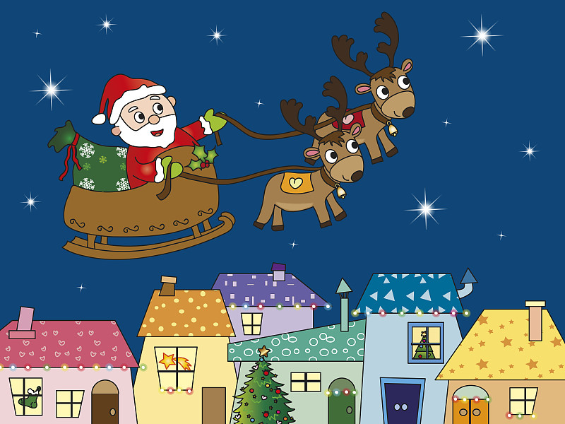 圣诞老人,旅途,事件,雪,动物,动物雪车,节日,绘画插图,圣诞树,卡通