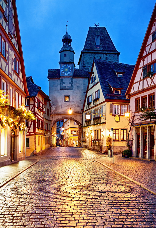 新年前夕,夜晚,巴伐利亚,罗滕堡洛森堡,德国,国际著名景点,圆石,圣诞装饰物,曙暮光,黄昏