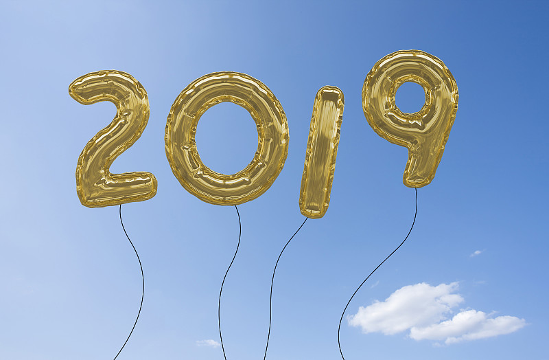 2019,气球,新年前夕,金色,新年,图像,美国,无人,新年卡,天空