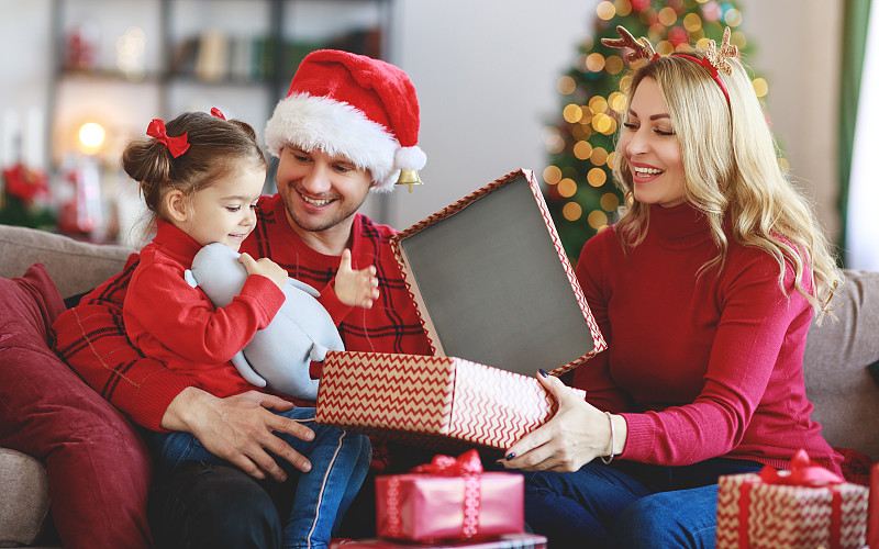 家庭,礼物,幸福,开着的,早晨,女儿,父母,圣诞帽,母亲