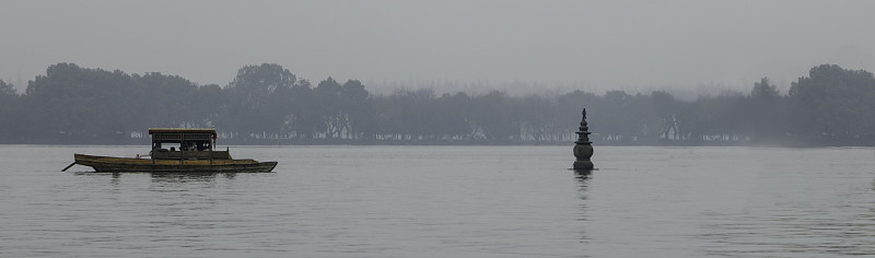 中国,西湖,飘然,全景,图像,船,无人,湖,雨,雾
