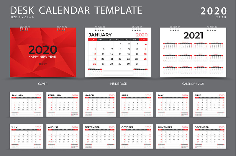 2020,模板,红色,矢量,日历,星期,商务,传单,小册子