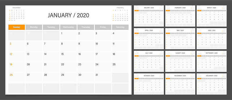 模板,星期,日历,式样,星期日,2020,开端,新的,现代,白色