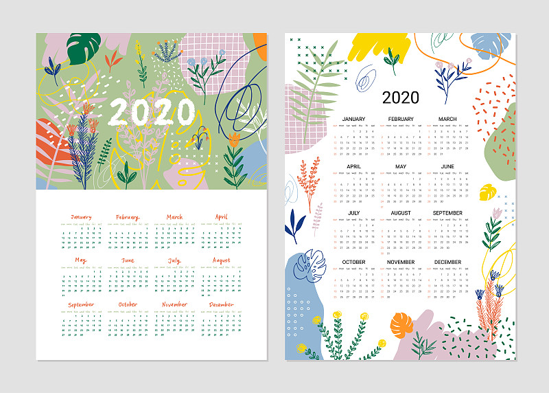 2020,日历,可爱的,月,橙色,模板,现代,春天,背景,夏天